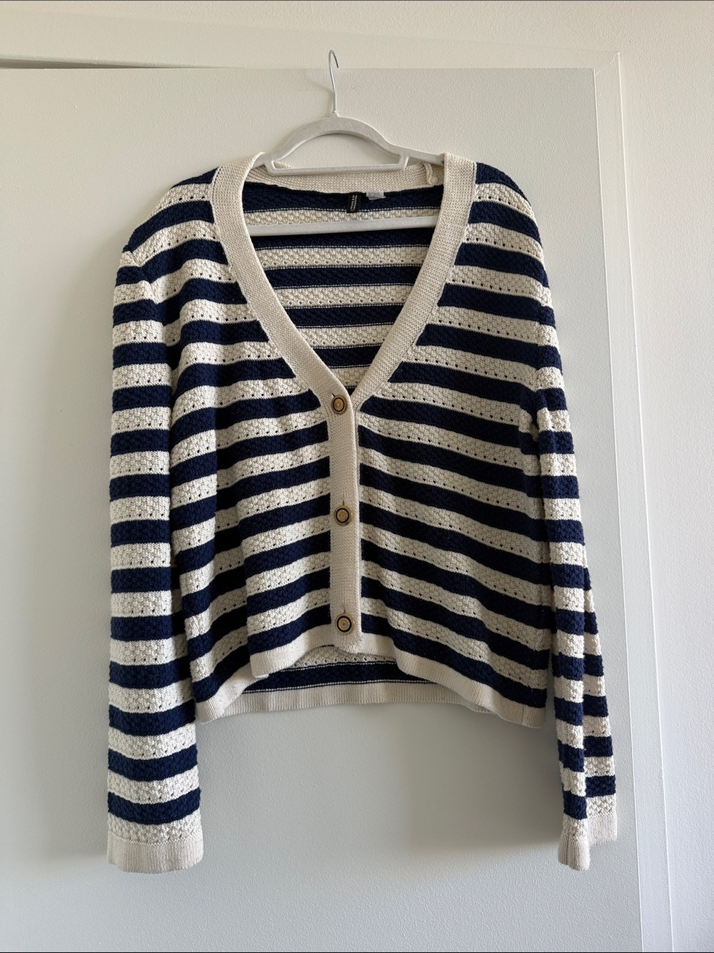 H&M Navy and Cream Striped Button-Front Cardigan